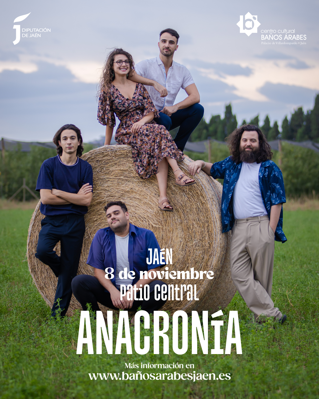 Cartel del espectáculo ANACRONÍA en el Palacio de Invierno de los Baños Árabes de Jaén, con estilo visual evocador y fecha del evento.